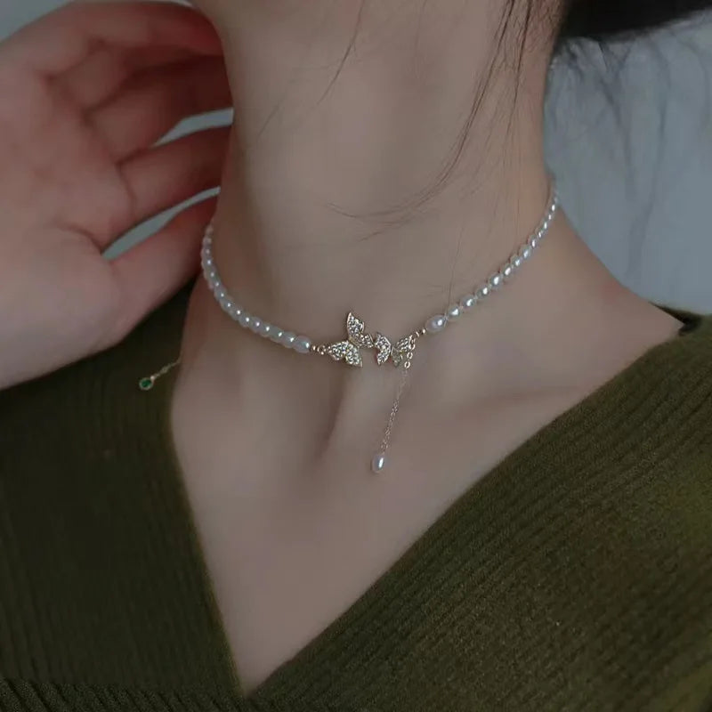 Shiny Pearl Butterfly Necklace
