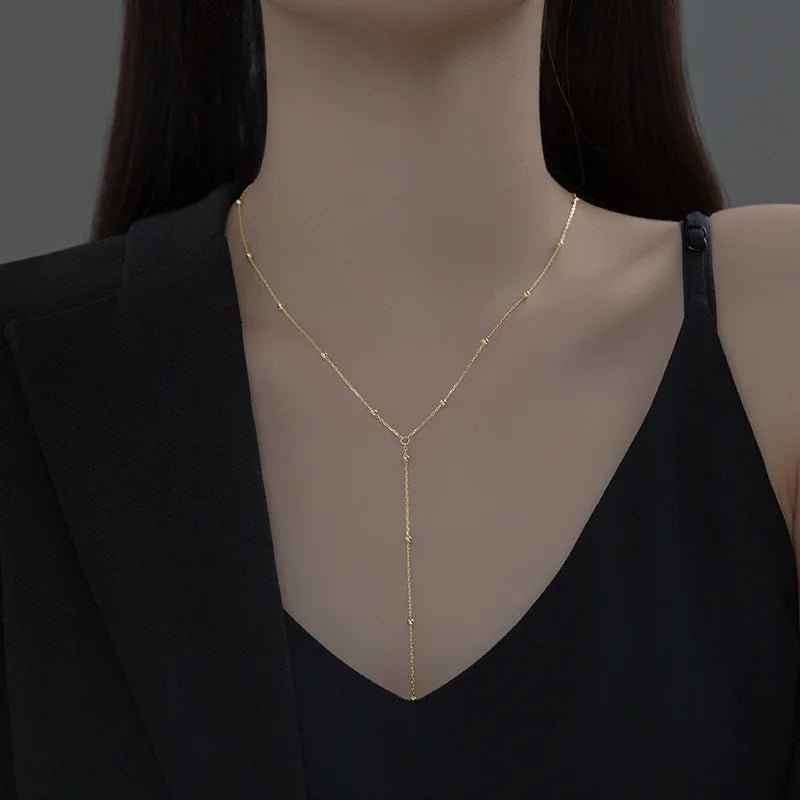 Mode Gold Farbe Doppel Layered Lange Kette Drop Halsketten für Frauen Einfache Metall Geometrische Perle Quaste Choker Halskette Schmuck