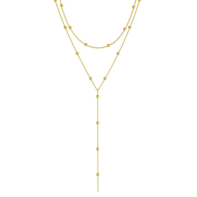 Mode Gold Farbe Doppel Layered Lange Kette Drop Halsketten für Frauen Einfache Metall Geometrische Perle Quaste Choker Halskette Schmuck