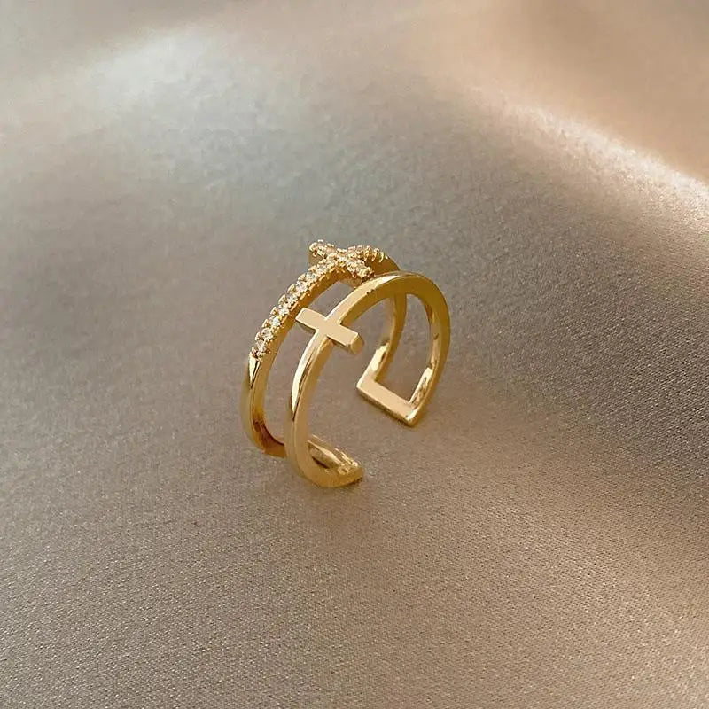 Double-Layer Cross Zircon Ring