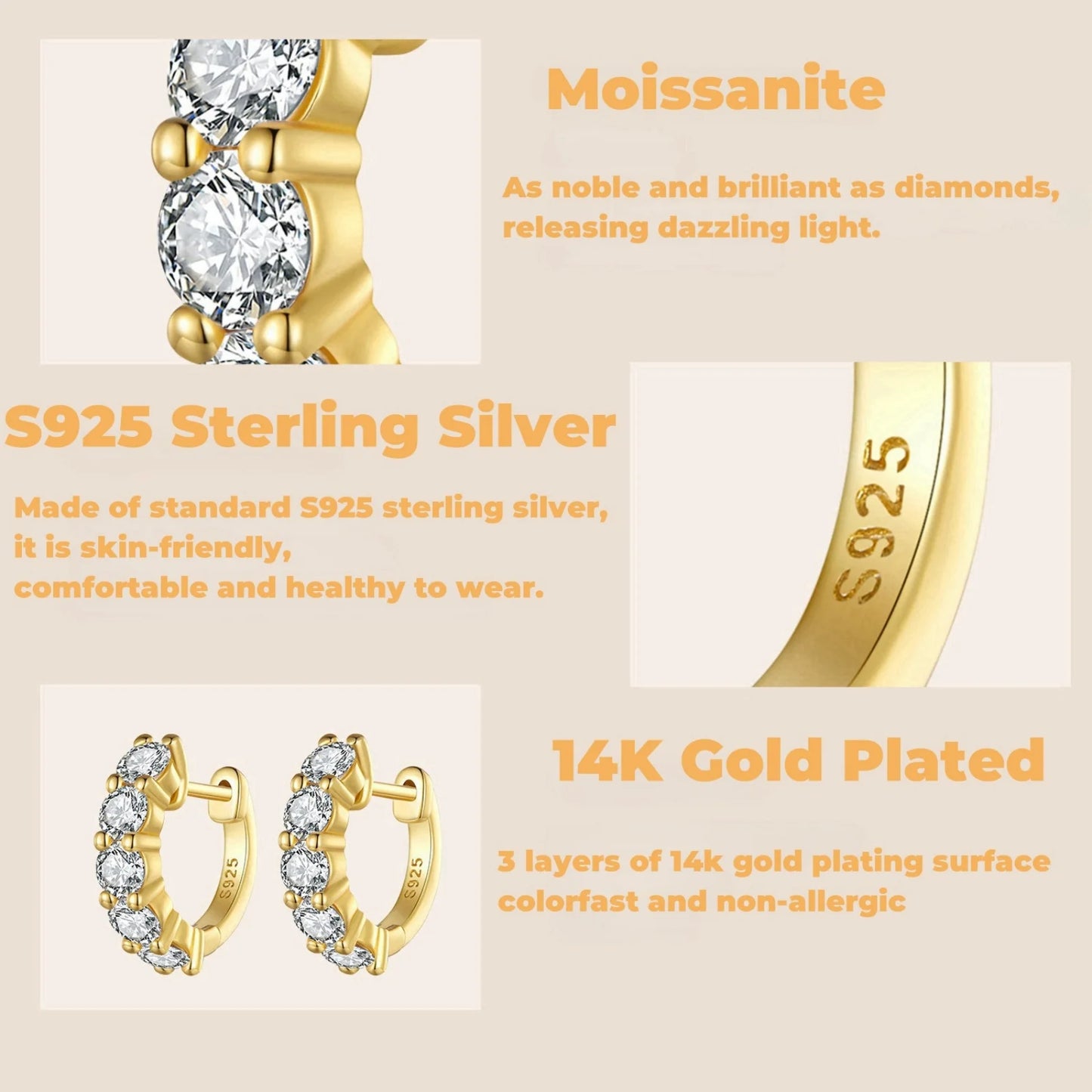 Moissanit-Creolen für Damen, S925 Sterlingsilber, 14 Karat vergoldet, hypoallergene Manschetten-Huggie-Ohrringe für Herren