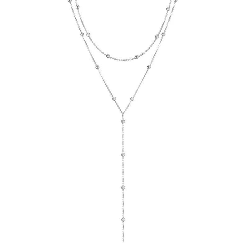 Mode Gold Farbe Doppel Layered Lange Kette Drop Halsketten für Frauen Einfache Metall Geometrische Perle Quaste Choker Halskette Schmuck