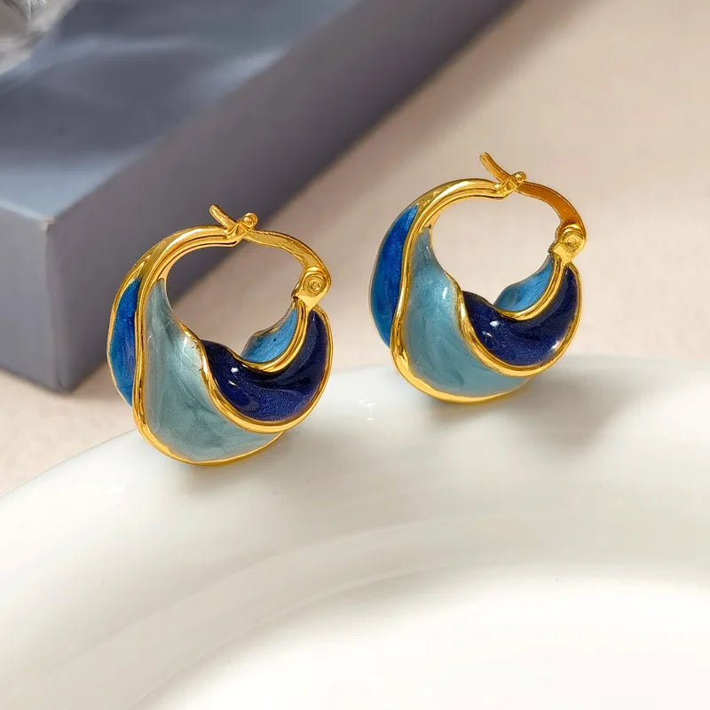 Nuevos y modernos pendientes de aro pequeños con textura de metal azul esmaltado para mujer, chapados en oro, con hebilla llamativa, joyería creativa, regalos