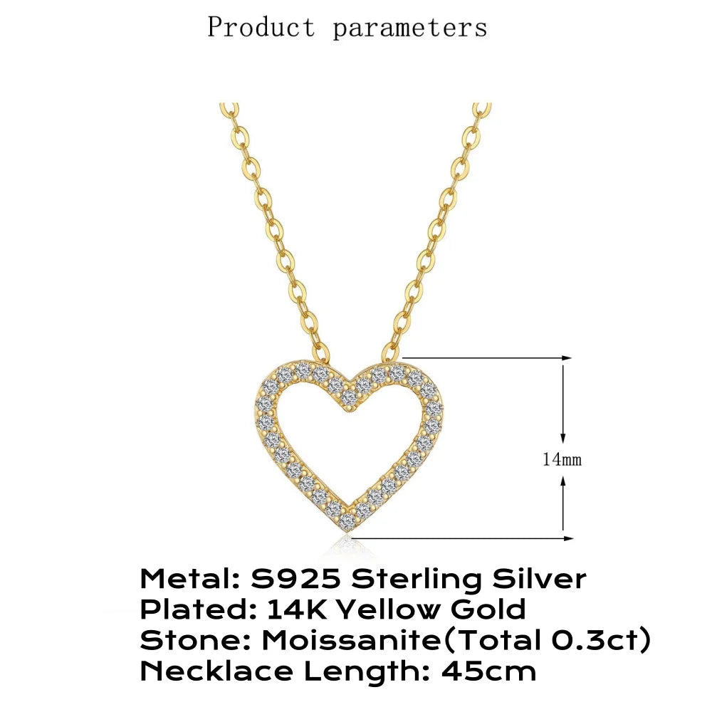 Herz-Moissanit-Anhänger-Halskette für Damen, 14 Karat vergoldetes 925er Sterlingsilber, D-Farbe, Moissanit, 45 cm, kostenlose Halskette