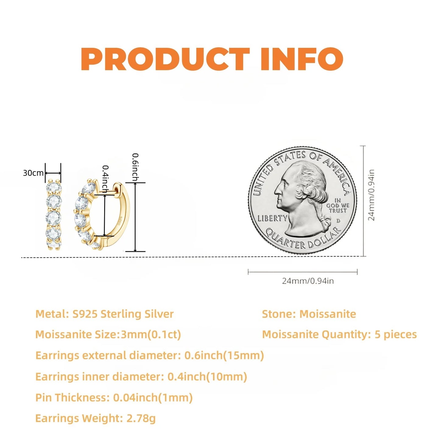 Moissanit-Creolen für Damen, S925 Sterlingsilber, 14 Karat vergoldet, hypoallergene Manschetten-Huggie-Ohrringe für Herren