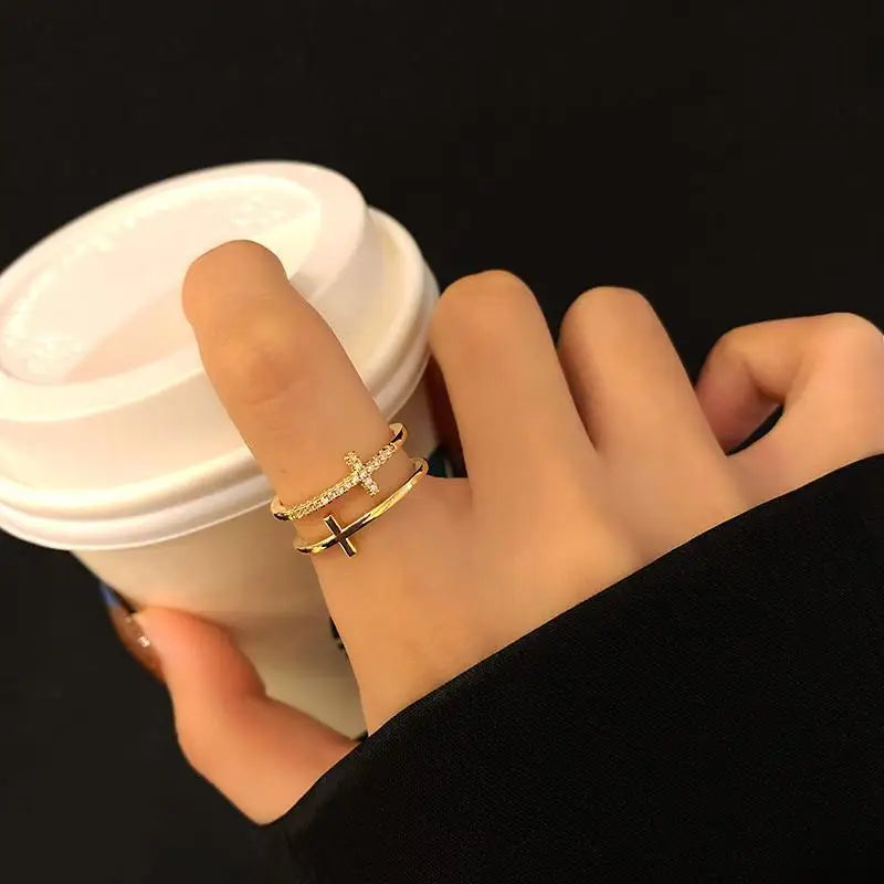 Double-Layer Cross Zircon Ring
