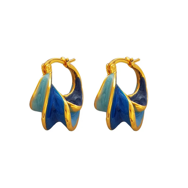 Nuevos y modernos pendientes de aro pequeños con textura de metal azul esmaltado para mujer, chapados en oro, con hebilla llamativa, joyería creativa, regalos