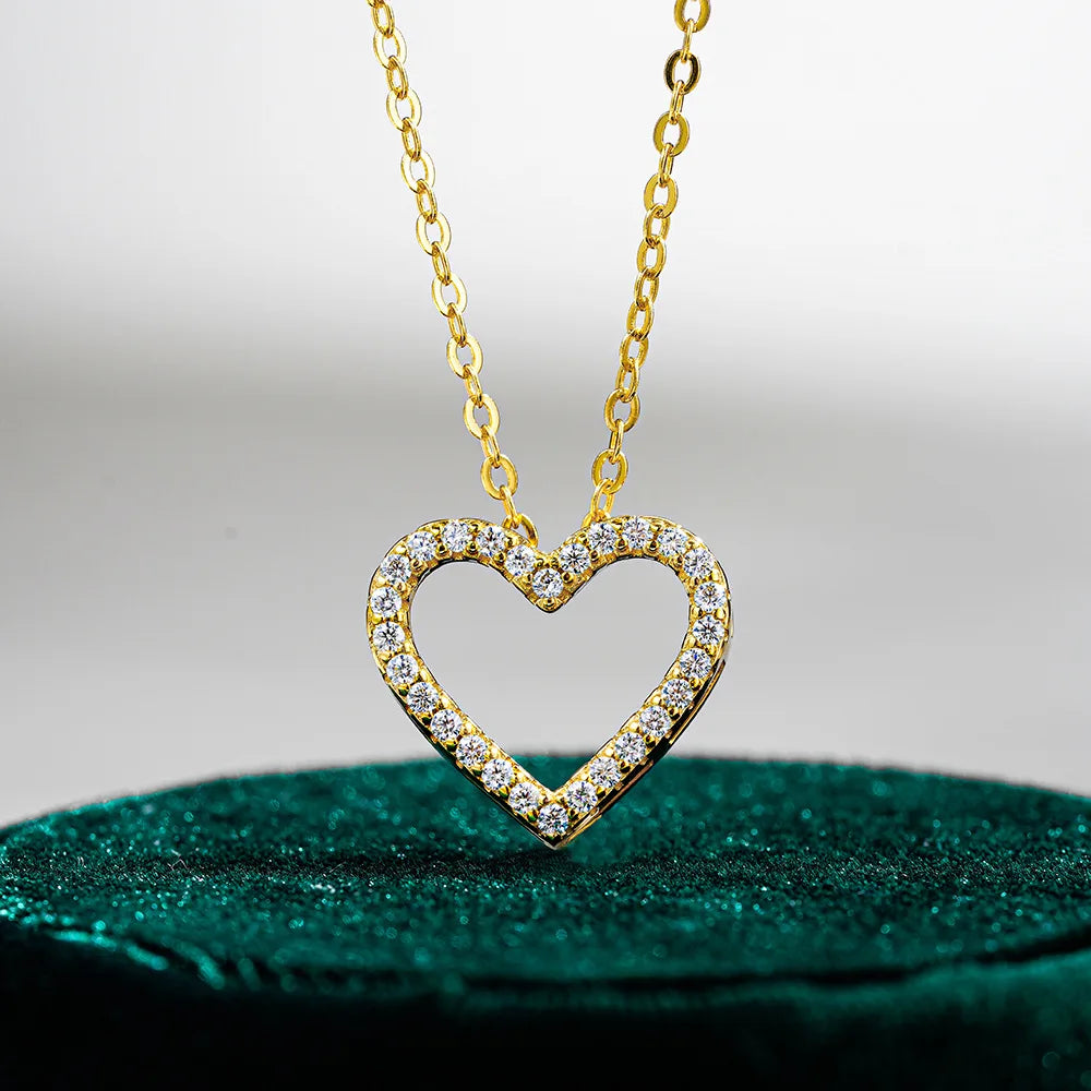 Herz-Moissanit-Anhänger-Halskette für Damen, 14 Karat vergoldetes 925er Sterlingsilber, D-Farbe, Moissanit, 45 cm, kostenlose Halskette