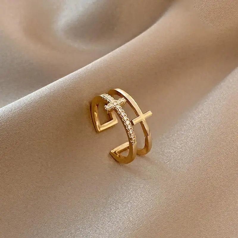 Double-Layer Cross Zircon Ring