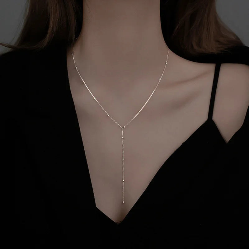 Mode Gold Farbe Doppel Layered Lange Kette Drop Halsketten für Frauen Einfache Metall Geometrische Perle Quaste Choker Halskette Schmuck