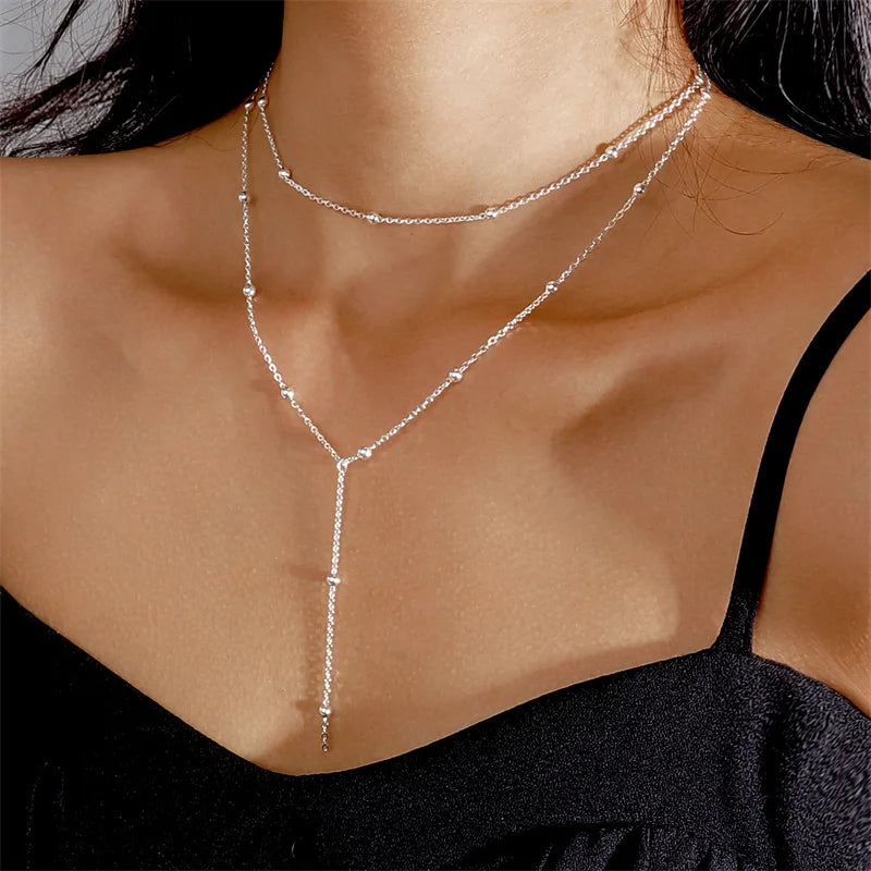Mode Gold Farbe Doppel Layered Lange Kette Drop Halsketten für Frauen Einfache Metall Geometrische Perle Quaste Choker Halskette Schmuck